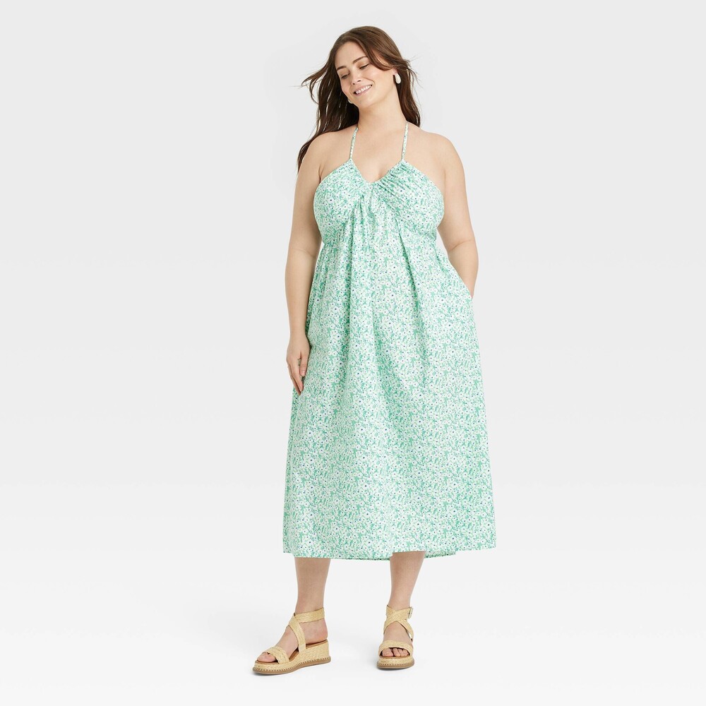 Universal Thread Mint Green Floral Halter Midi Dress